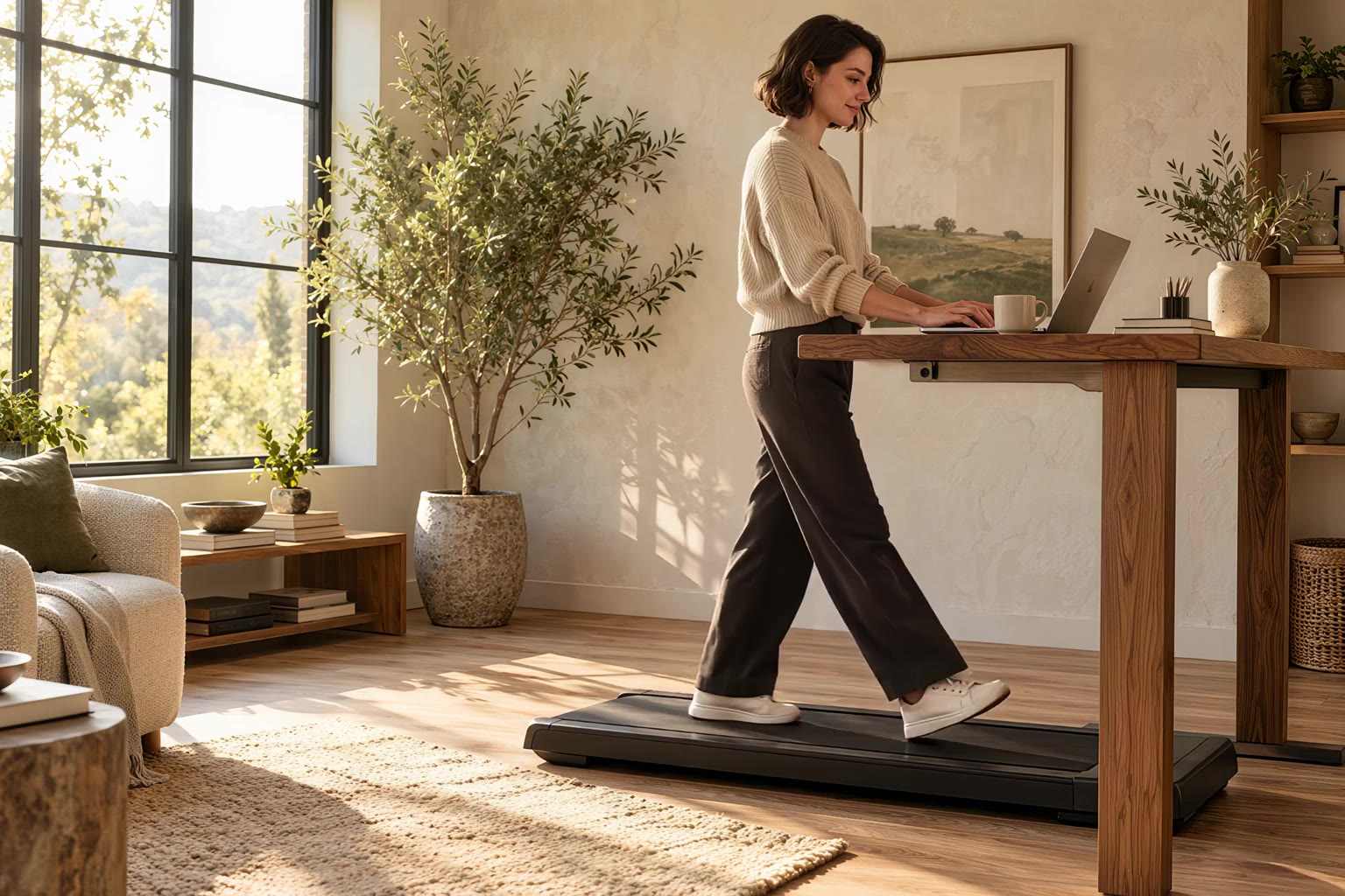 A woman walking on an under-desk treadmill while working at a standing desk in a sunlit room